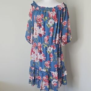 Roz & Ali Blue Floral Off-Shoulder Midi Dress Size‎ L